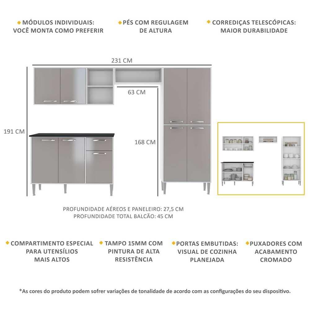 Cozinha Compacta com Armário e Balcão Xangai Multimóveis Vm2840 Branca/lacca Fumê - Imagem 3