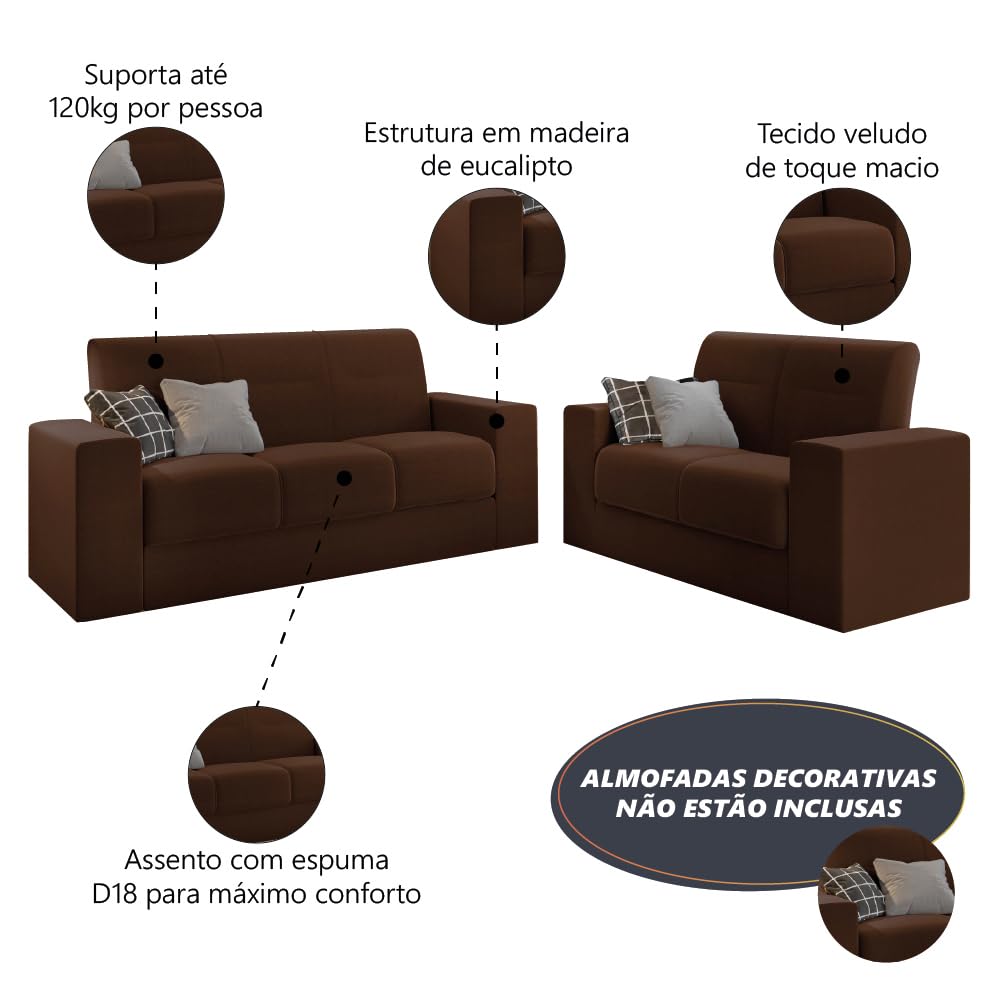 Conjunto de Sofá 2 e 3 Lugares Leon Veludo Marrom - Imagem 2