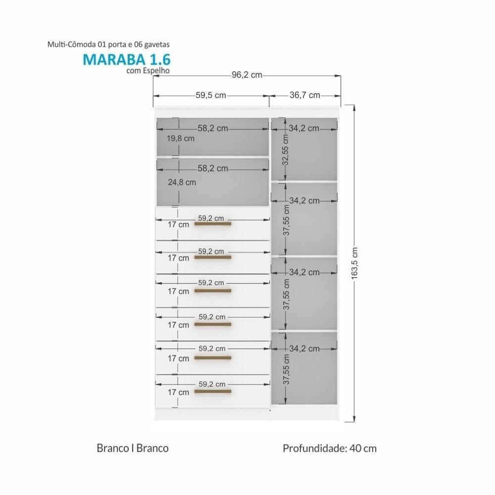 Multi-cômoda 1 Porta 6 Gavetas Marabá com Espelho Branco - Imagem 2