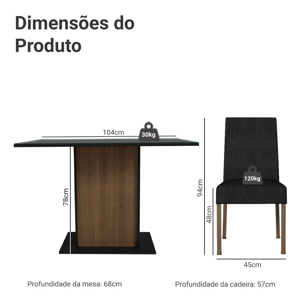 Conjunto Sala de Jantar Mesa Tampo de Vidro 4 Cadeiras Rustic/preto/oxford Zion Madesa - Imagem 8