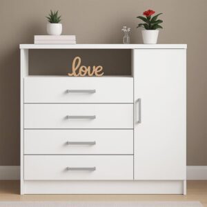 Cômoda 4 Gavetas 1 Porta e Nicho para Quarto Branco