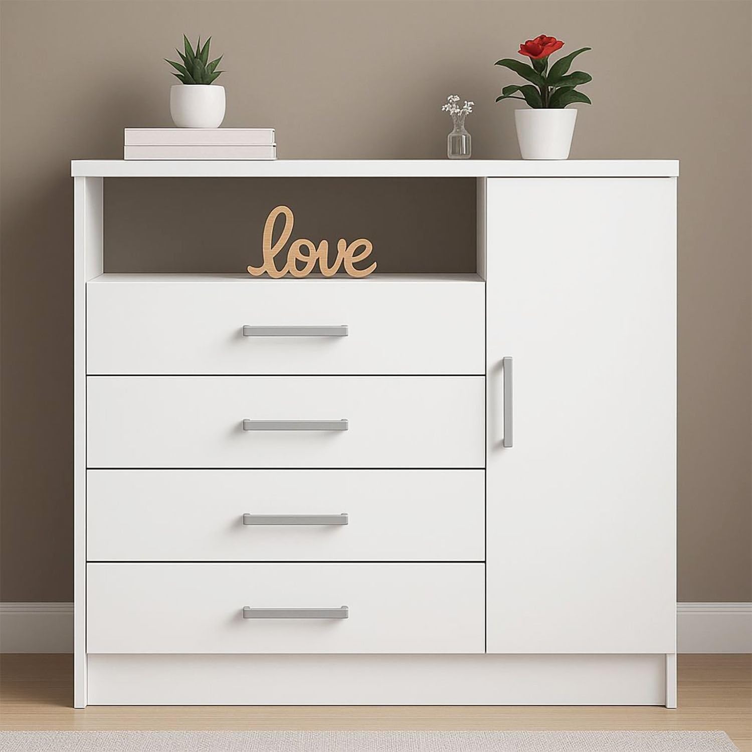 Cômoda 4 Gavetas 1 Porta e Nicho para Quarto Branco