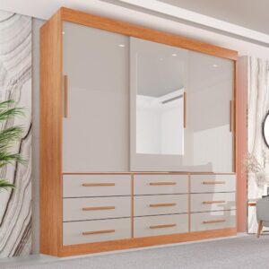 Guarda Roupa Casal 3 Portas 9 Gavetas com Espelho Luana Sallêto Móveis Cinamomo/off White