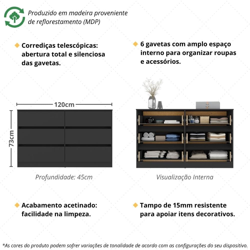 Multimóveis Cômoda com 6 Gavetas 120cm Mp4396 Preto para Quarto - Imagem 3