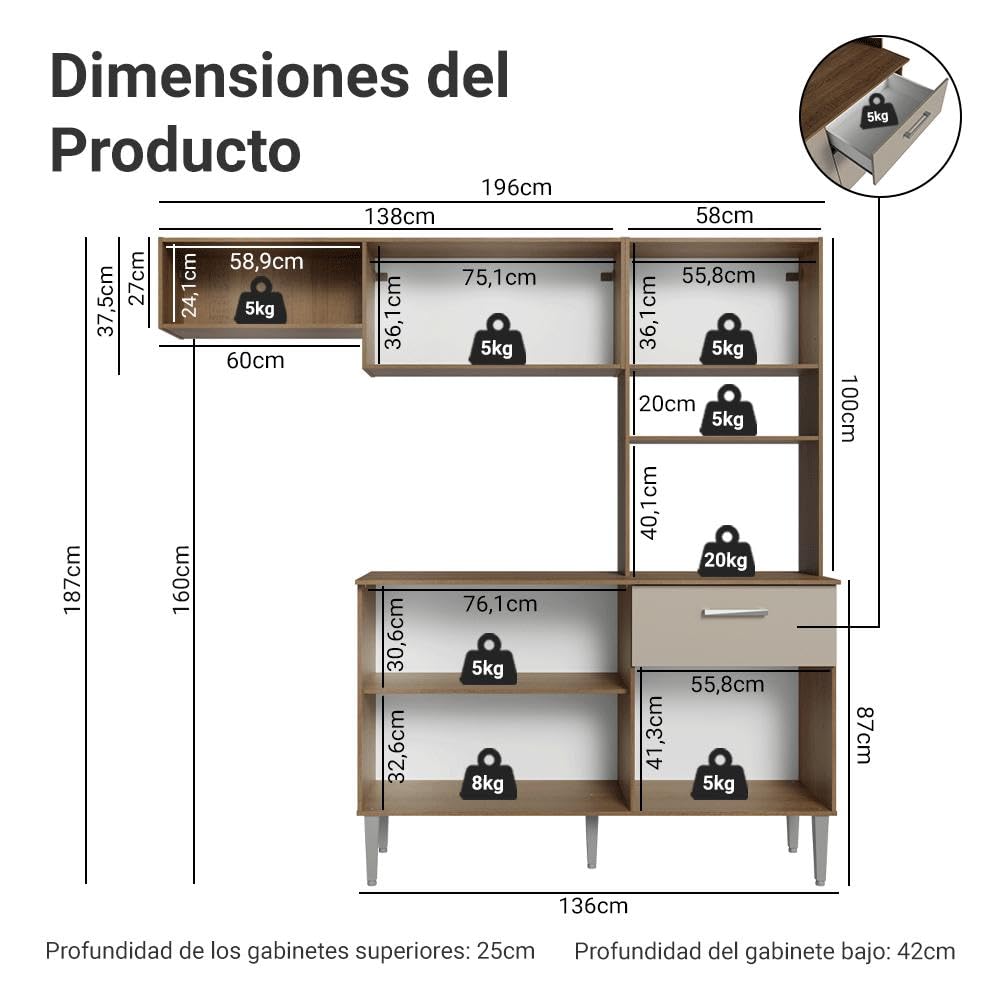 Armário de Cozinha Compacta 196cm Rustic/crema Aura Madesa - Imagem 8