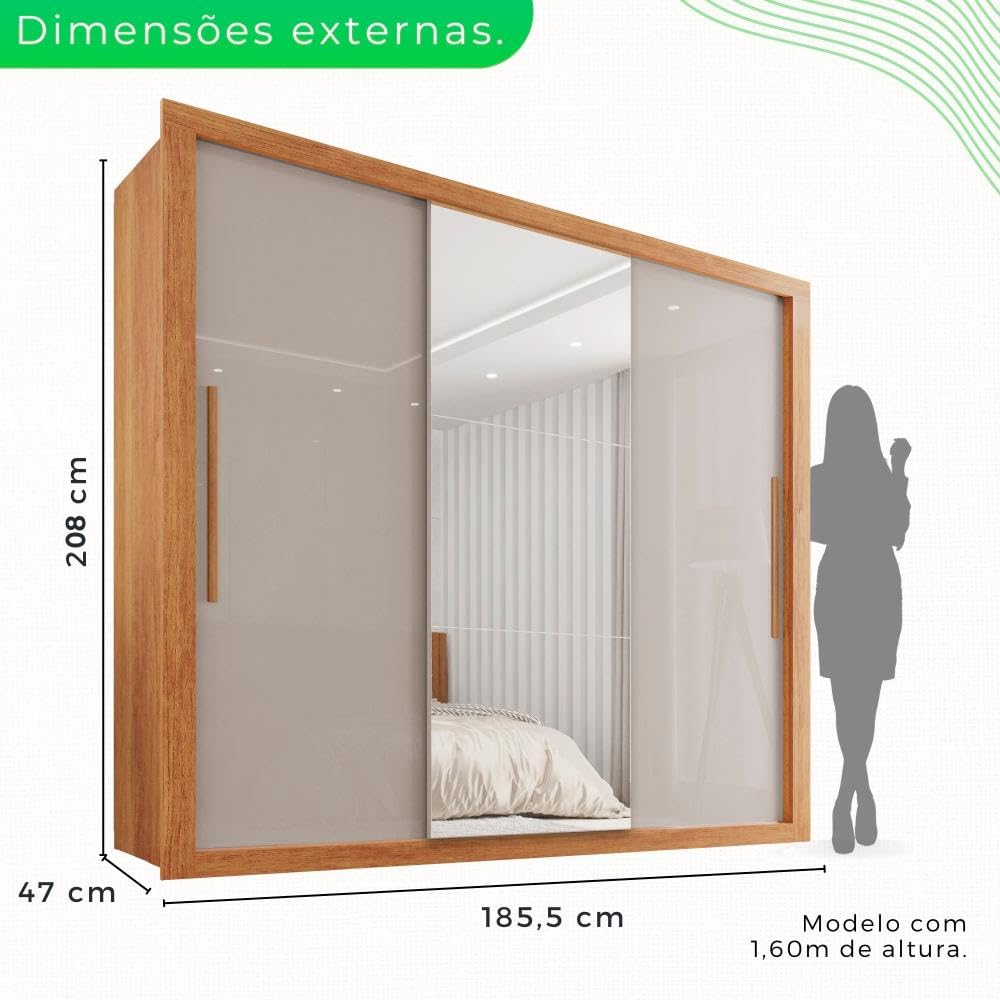 Guarda Roupa Casal 3 Portas com Espelho 4 Gavetas Costa Rica Sallêto Móveis Cinamomo/off-white - Imagem 3