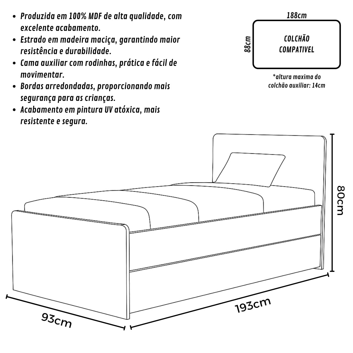 Cama Solteiro com Bicama Auxiliar Deslizante em MDF Premium, Estrutura Robusta e Design Elegante para o Seu Quarto (Branco) - Imagem 2