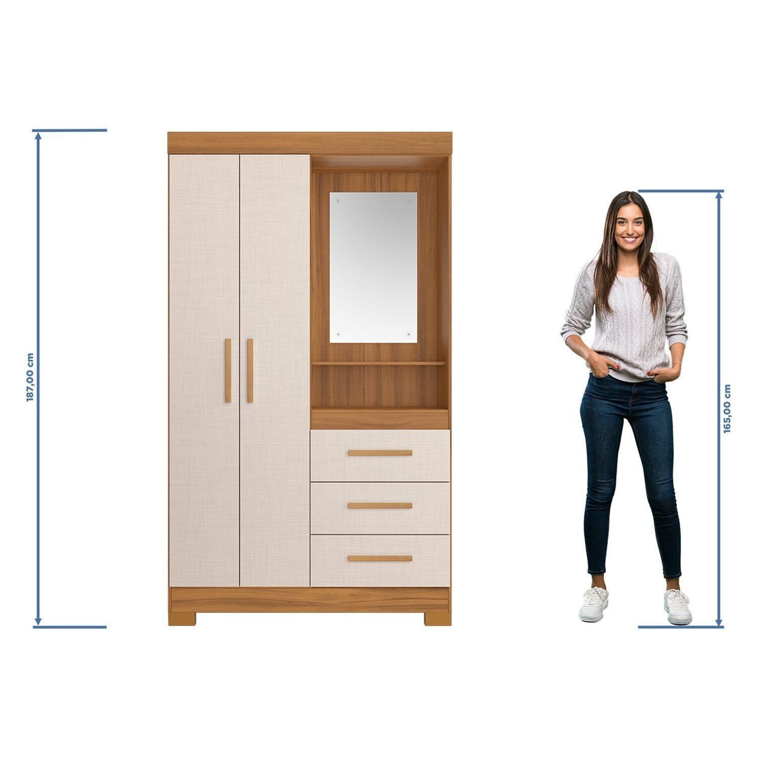 Guarda-roupa Solteiro com Espelho e 2 Portas Freijó Trend/Off White - Imagem 2