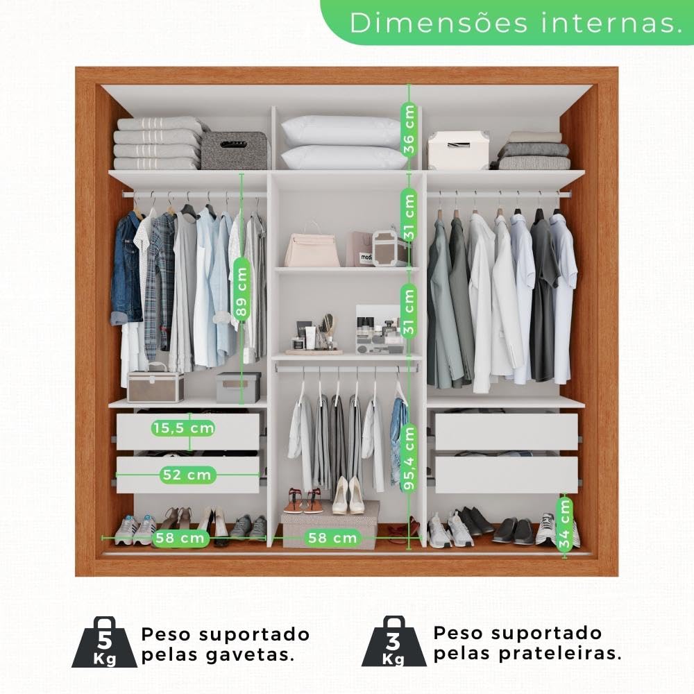 Guarda Roupa Casal 3 Portas com Espelho 4 Gavetas Costa Rica Sallêto Móveis Cinamomo/off-white - Imagem 5