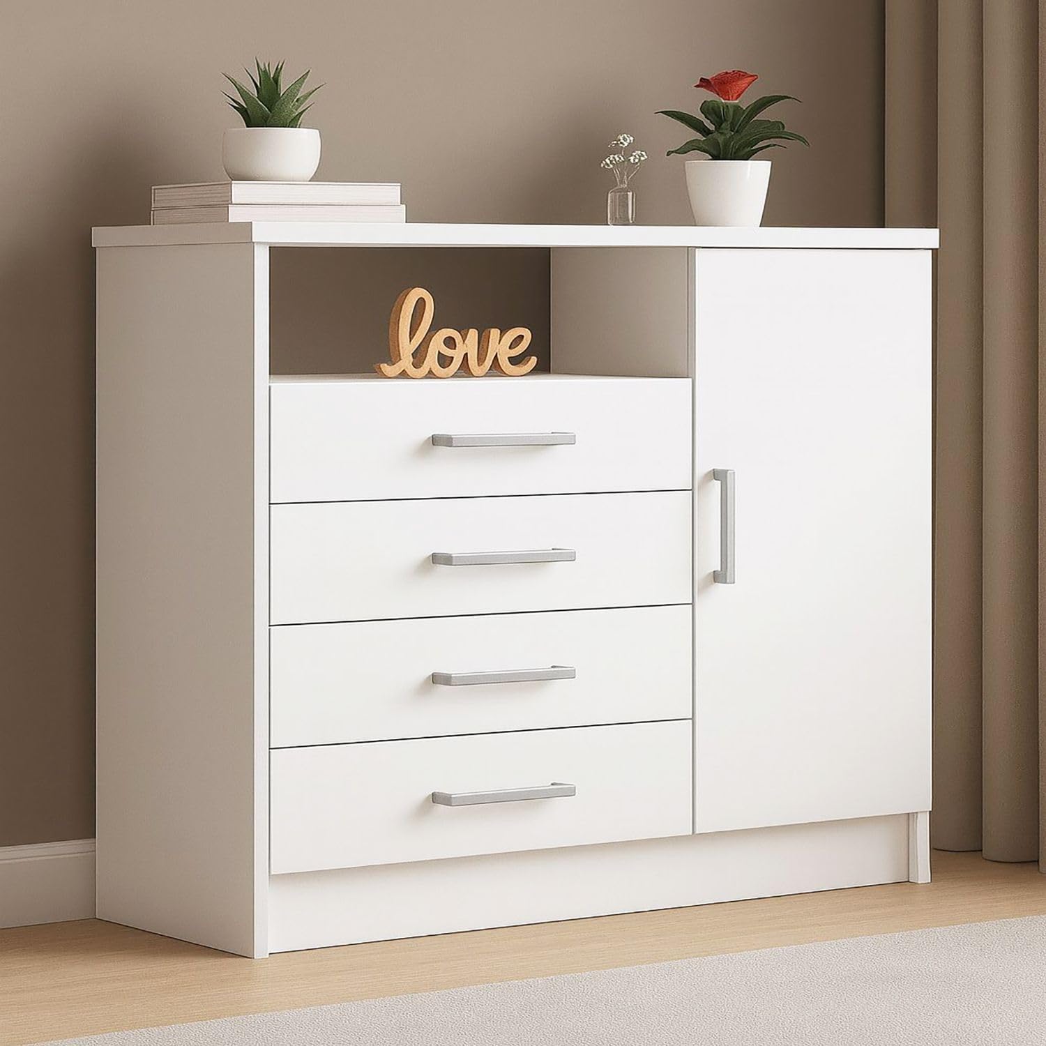 Cômoda 4 Gavetas 1 Porta e Nicho para Quarto Branco - Imagem 3