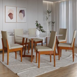 Conjunto Sala de Jantar 6 Lugares Madeira Mesa California e Cadeira Dakota Tecido A40 Móveis Meneghetti Caramelo